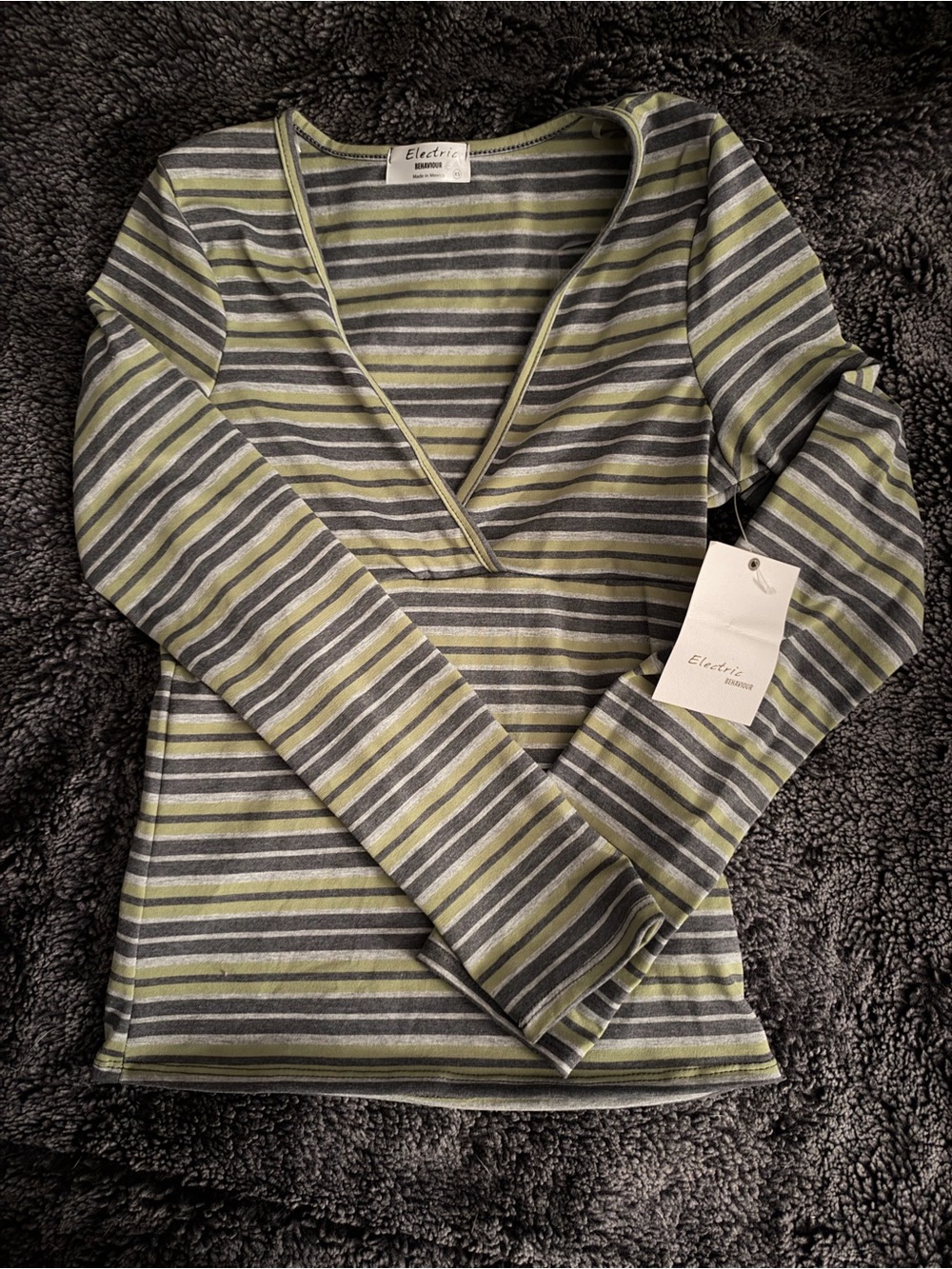 Electric Family Striped V‑Neck Long Sleeve Top in Olive & Gray